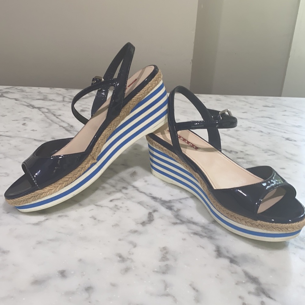 Prada blue and white platform sandal